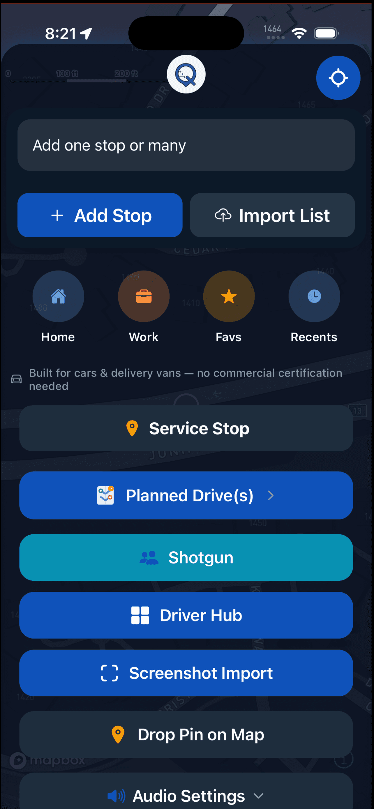 Home — add stops, import lists, Driver Hub