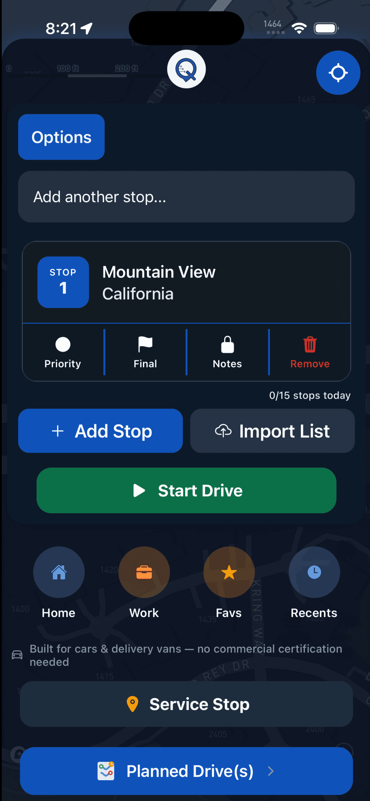 Multi-stop route planner with Start Drive