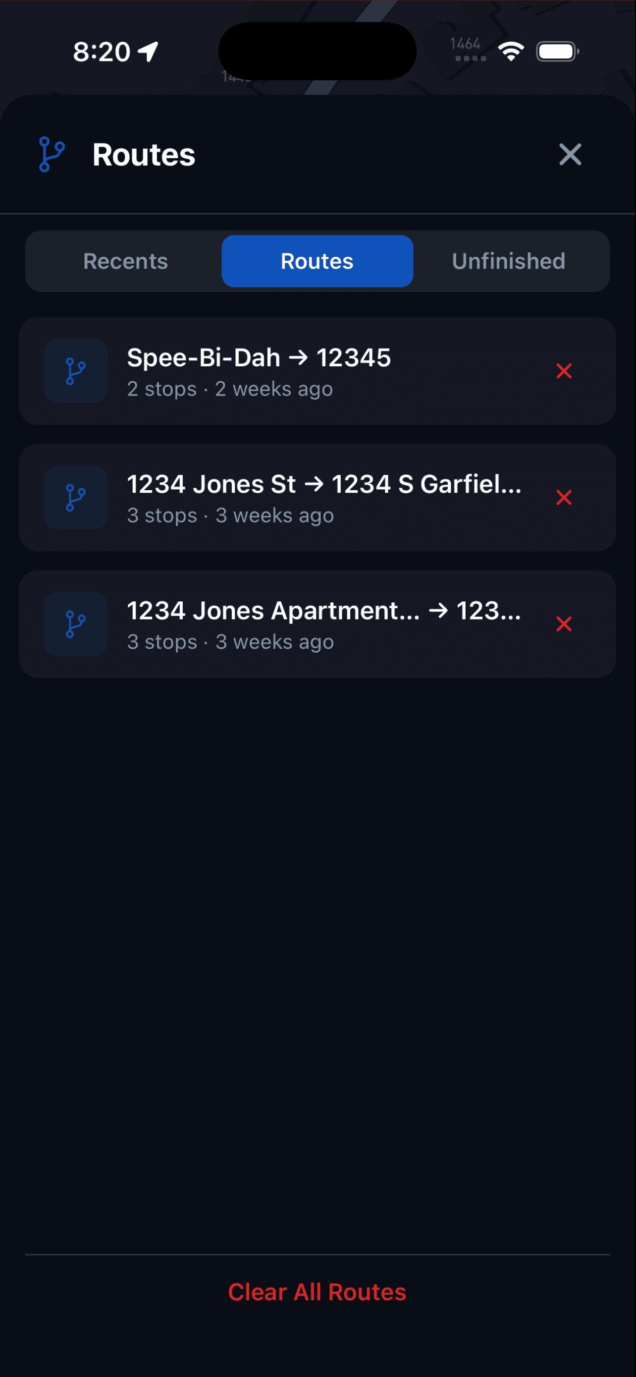 Saved routes and unfinished drives
